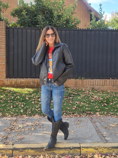 CHAQUETA ECO CUERO CAFE OSCURO -60% DE DCTO.