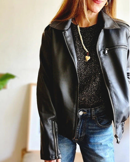 CHAQUETA ECO CUERO CAFE OSCURO -15% DE DCTO. - Quemepongo